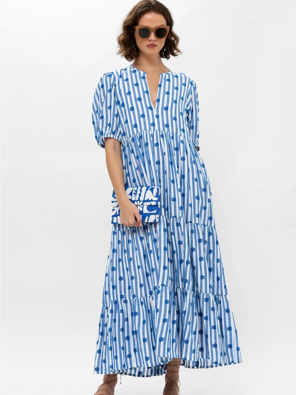 Oliphant Puffed Sleeve Maxi Dress in Capri Blue Print XS